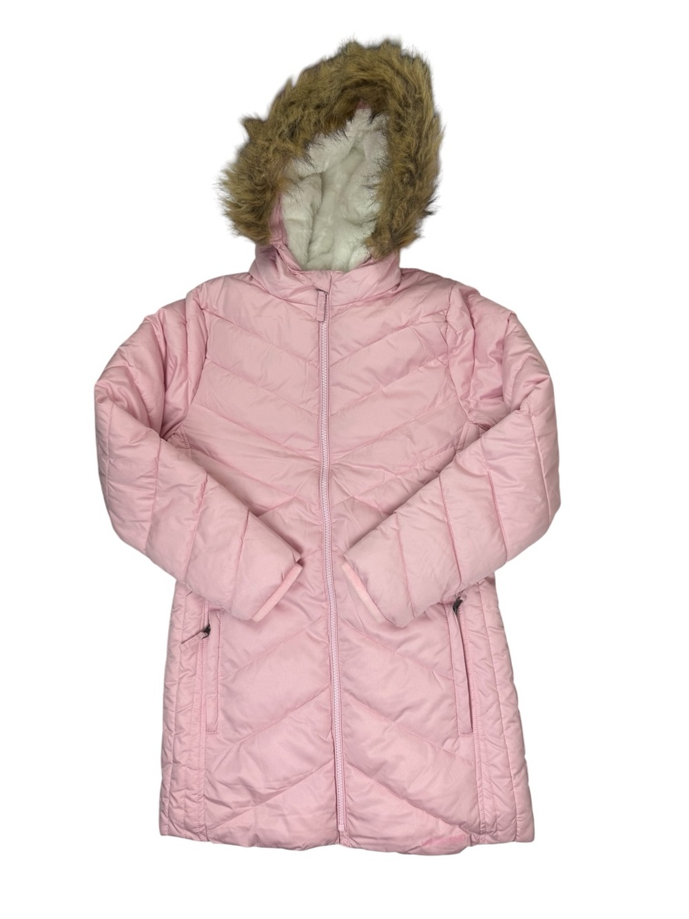 Lands’ End Parka Coat Faux Fur Trimmed Fleece Lined Pink Puffer Hooded 10/12